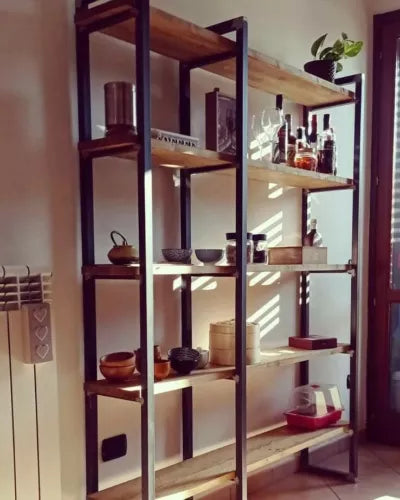 Libreria Scaffale in Legno Massiccio e Ferro 5 Ripiani – Design Industriale
