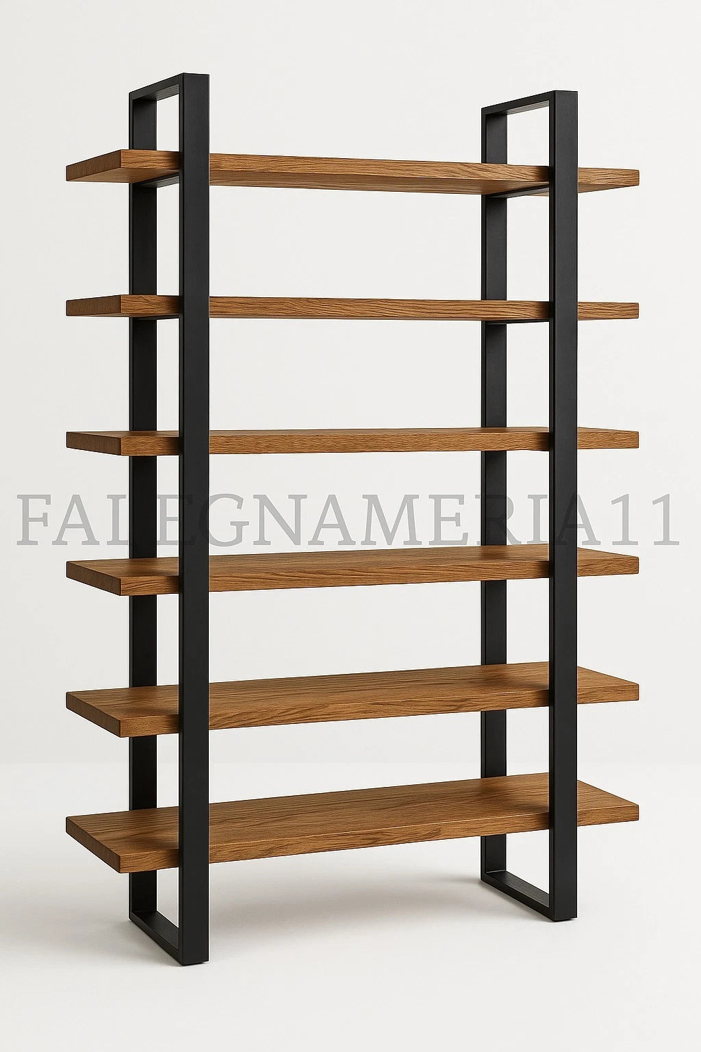 Scaffale Libreria Industriale 6 Ripiani in Legno Massiccio e Ferro