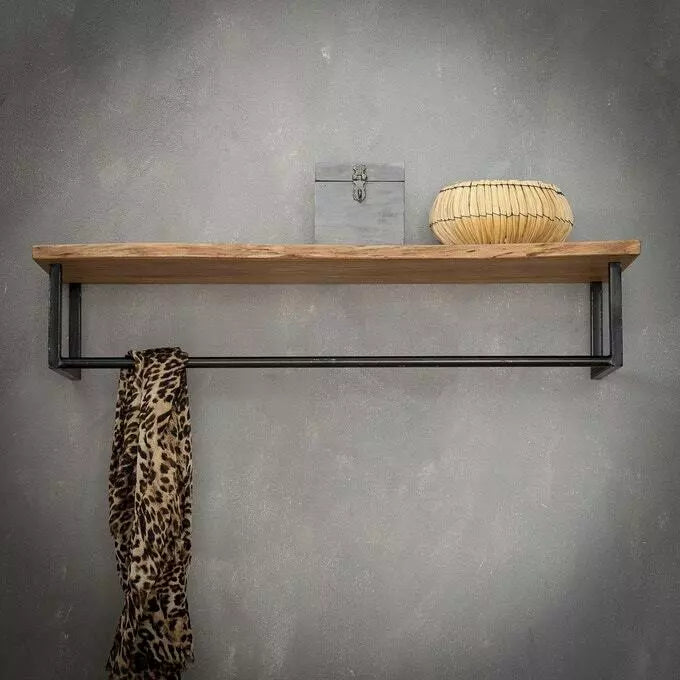 Mensola appendiabiti cappelliera da parete in legno massiccio e ferro