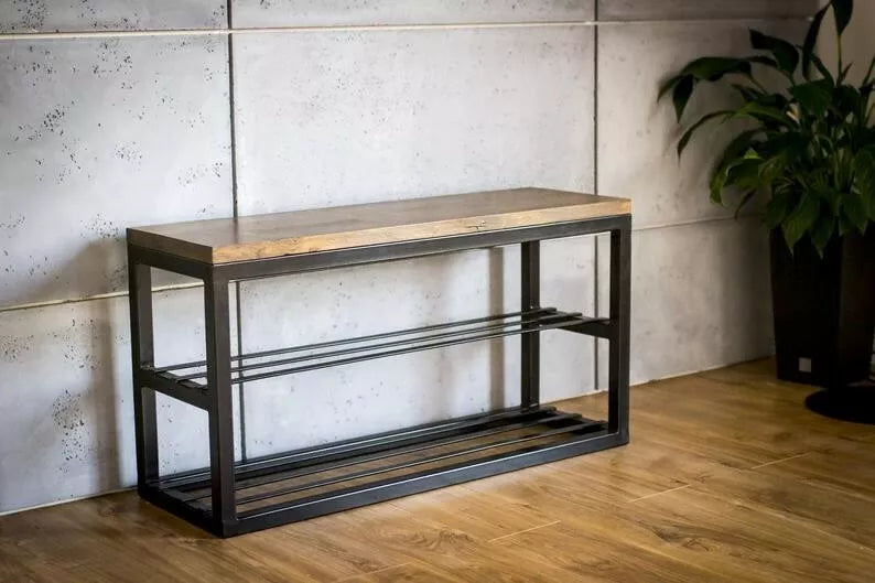 Panca Scarpiera Salvaspazio in Legno Massiccio e Ferro – Stile Industriale