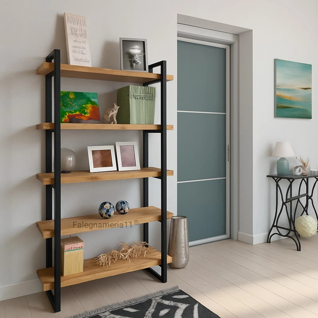 Libreria scaffale in legno massiccio e ferro 5 piani stile industrial vintage
