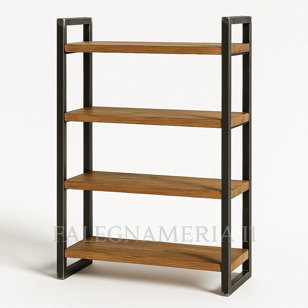 Scaffale legno massiccio e ferro 4 ripiani design artigianale industriale
