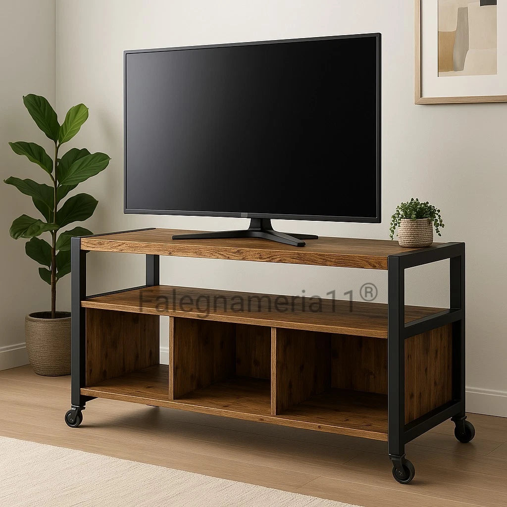 Mobile Porta TV con Ruote in Legno Massiccio e Ferro – Stile Industriale