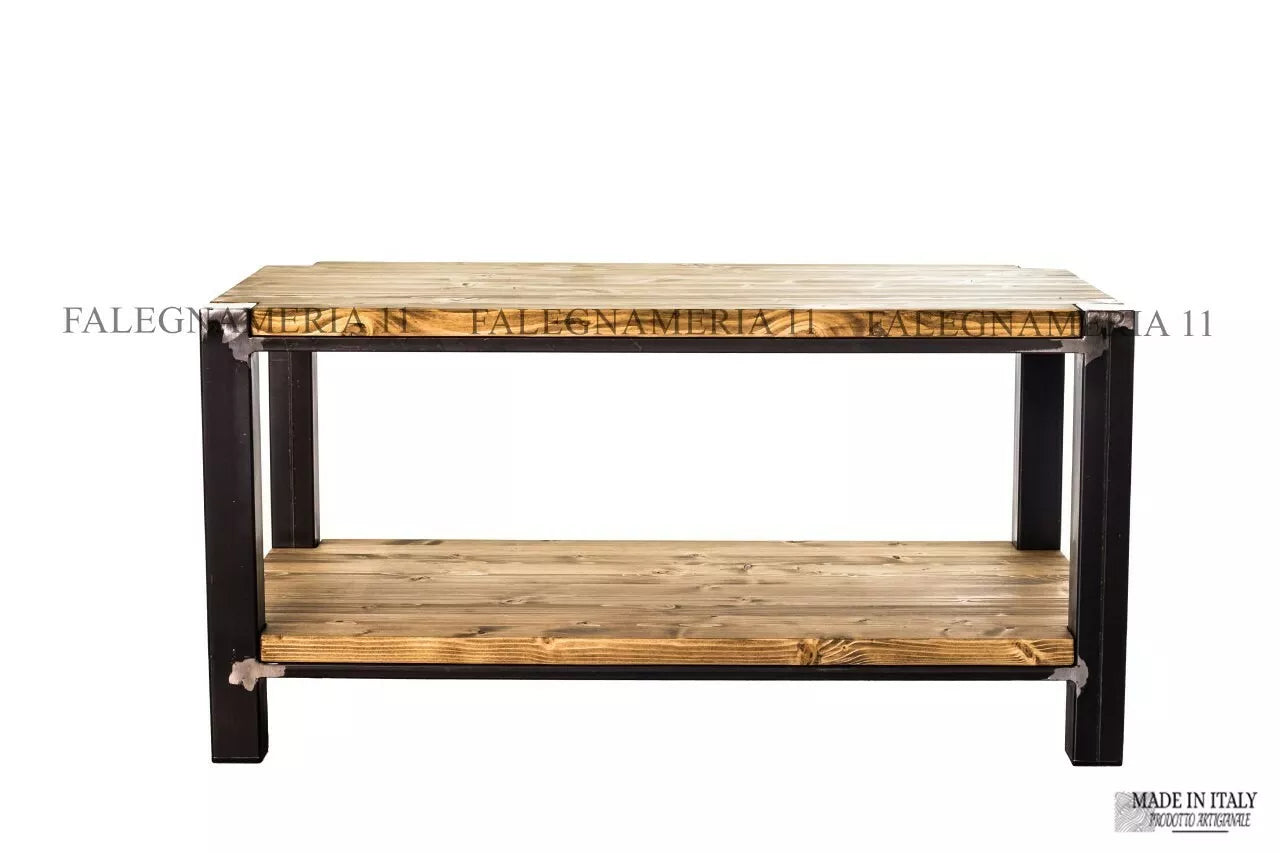 Tavolino da Salotto in Legno Massiccio e Ferro – Design Artigianale 90x45x45 cm