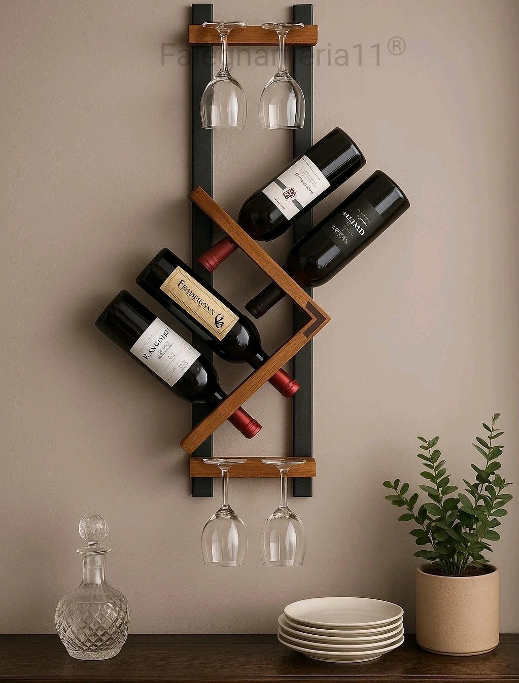 Portabottiglie e Portacalici da Parete in Legno e Ferro – Stile Industriale